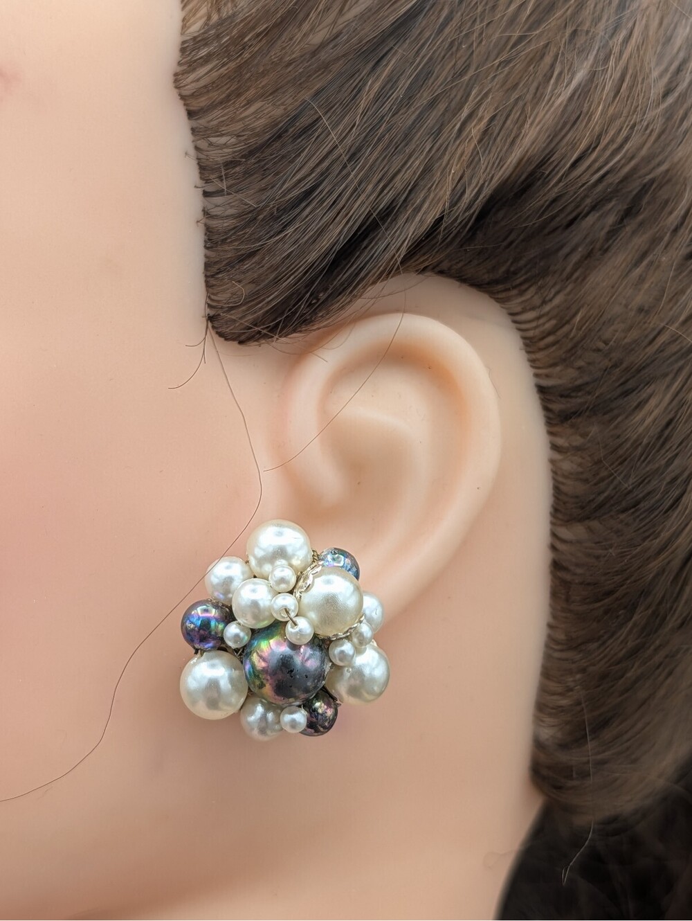 Vtg Japan Faux Pearl Iridescent AB Glass Bead Cluster Clip On Earrings 1" 50s